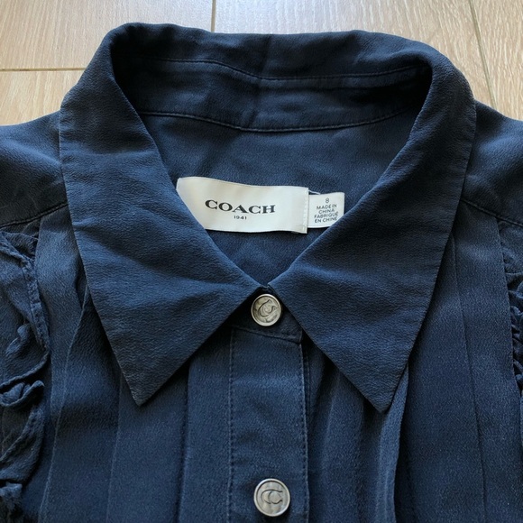 Coach Silk Ruffle Tuxedo Button Down Shirt in Navy Size 8 - Picture 2 of 13